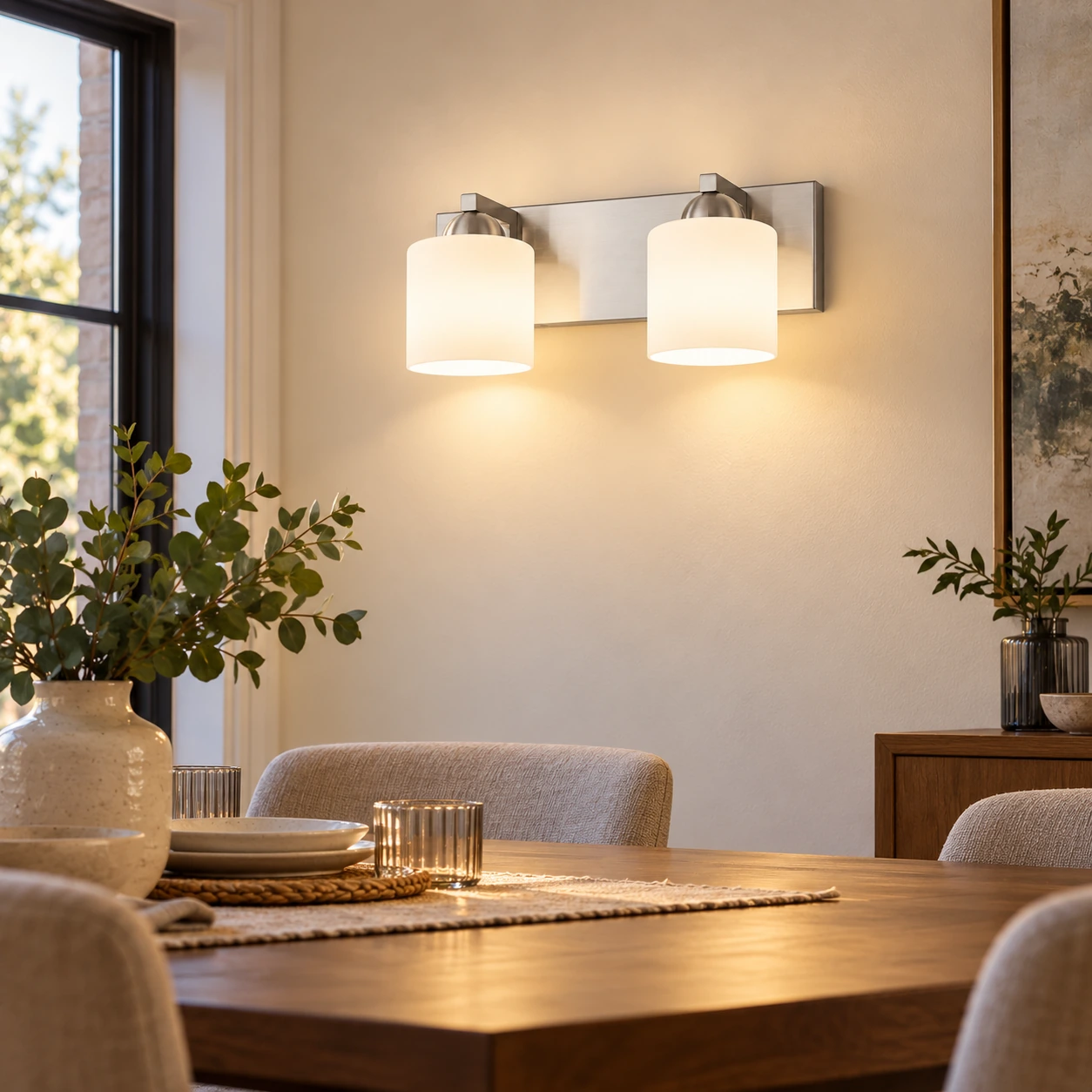 Cylindrical Glass Shades | Modern Metal Bathroom Vanity Light — A layered perspective - New2609-1024429 interior scene