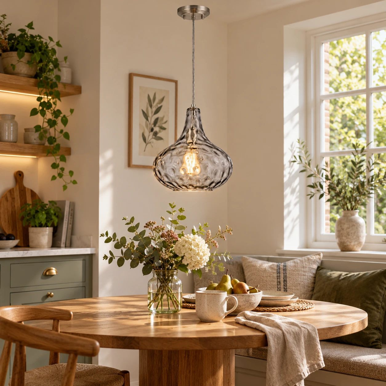 11 inch / 28 cm Vintage Textured Glass Pendant Light | Adjustable Stem — A layered perspective - New2609-1024498 interior scene