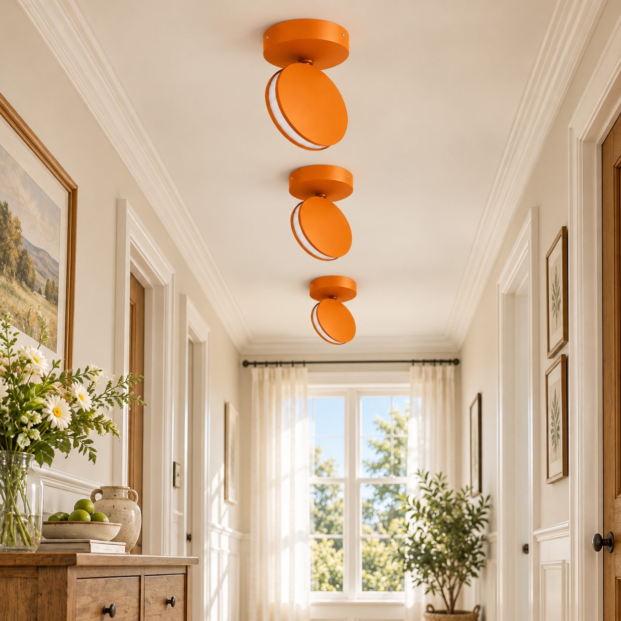 Three orange SPECTRA lights in a hallway