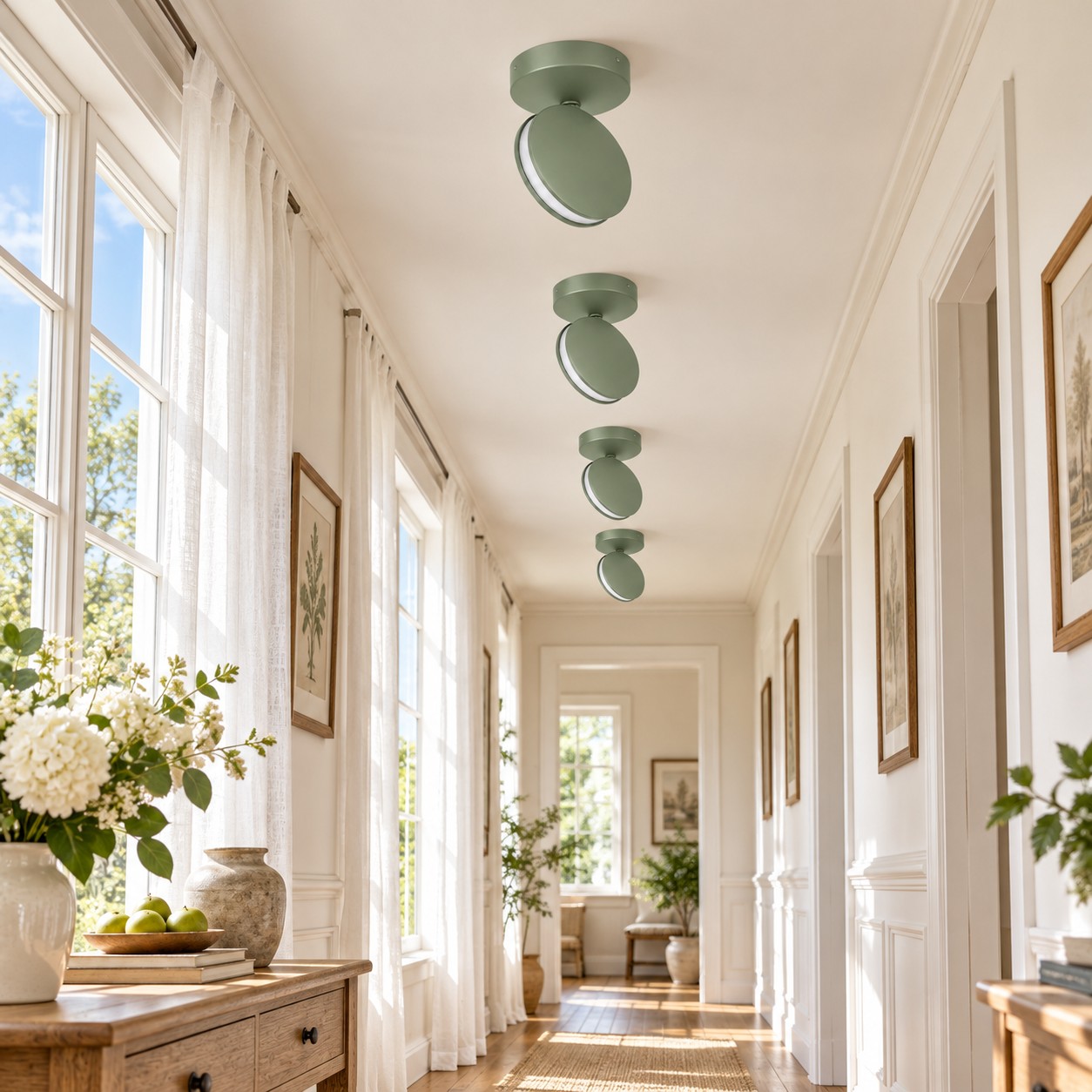 Four sage SPECTRA lights in a hallway